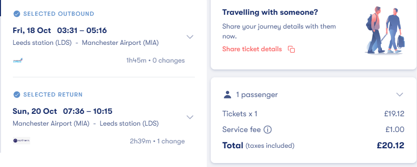 Example bus from Leeds to Manchester airport